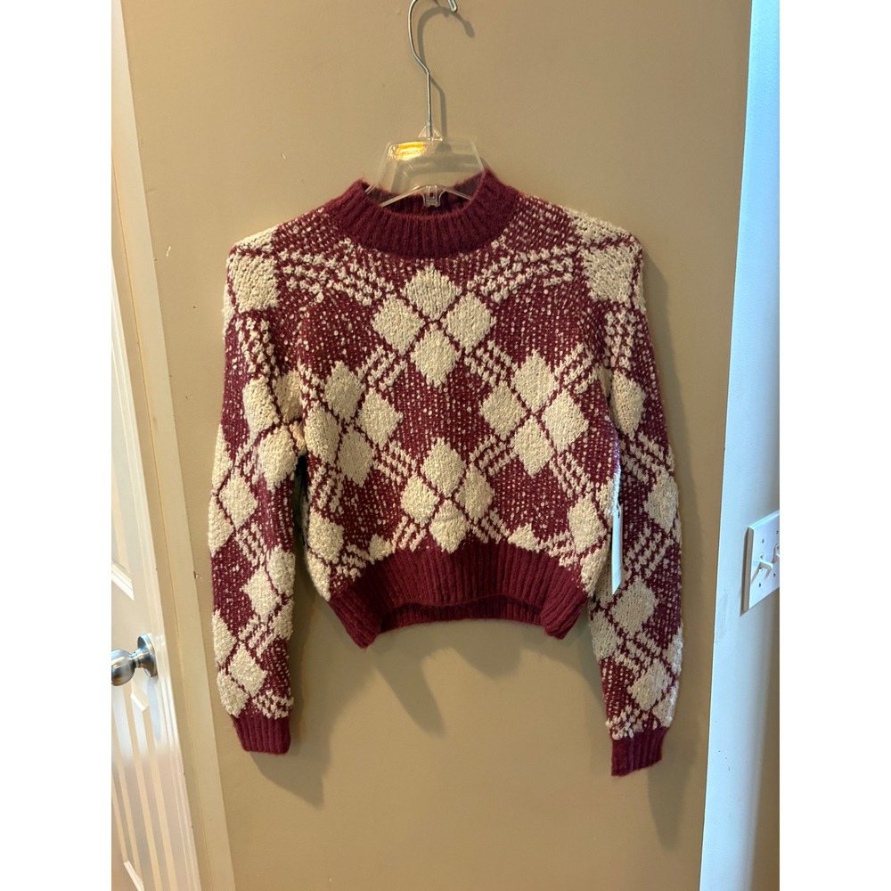 a Collective Story Burgundy Argyle Cropped Mock Neck Sweater CS1035 New Small